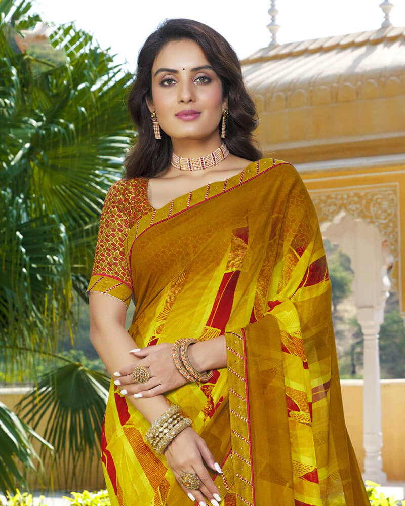 Vishal Prints Dark Mustard Printed Georgette Saree With Fancy Lace Border