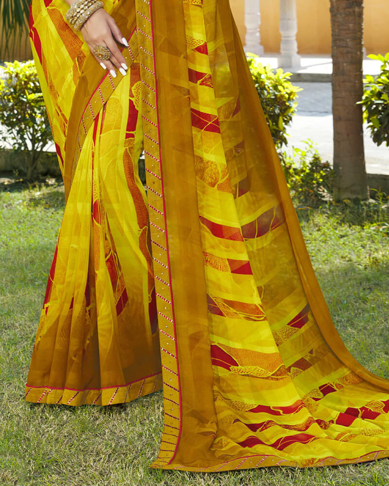 Vishal Prints Dark Mustard Printed Georgette Saree With Fancy Lace Border