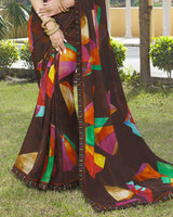 Vishal Prints Brown Printed Georgette Saree With Fancy Lace Border