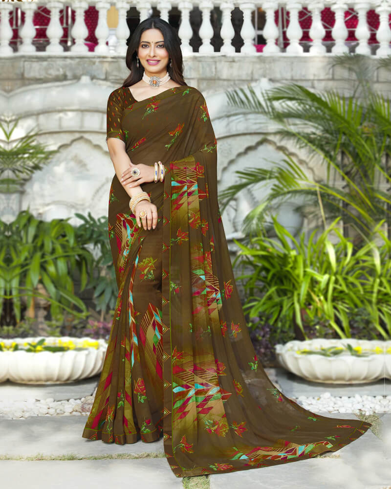 Vishal Prints Dark Mustard Printed Georgette Saree With Fancy Lace Border