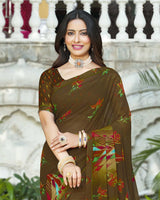 Vishal Prints Dark Mustard Printed Georgette Saree With Fancy Lace Border