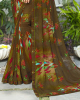 Vishal Prints Dark Mustard Printed Georgette Saree With Fancy Lace Border