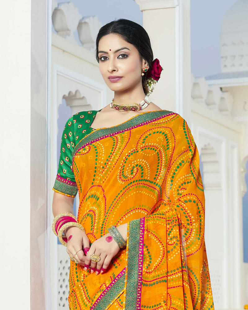 Vishal Prints Yellowish Orange Bandhani Print Georgette Saree