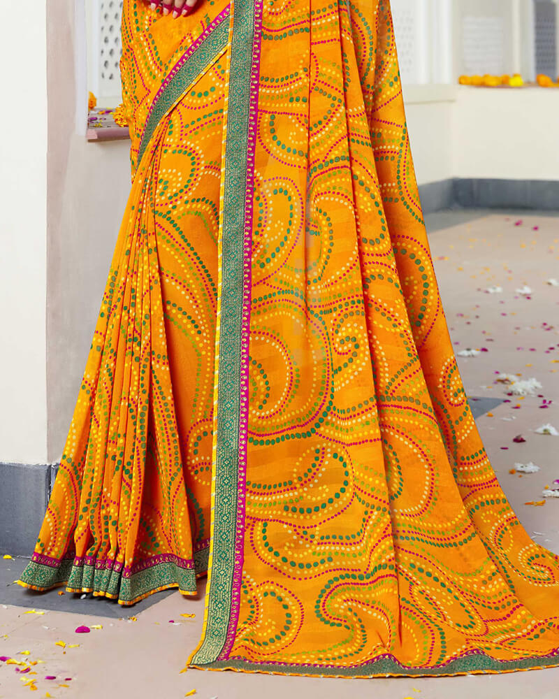 Vishal Prints Yellowish Orange Bandhani Print Georgette Saree