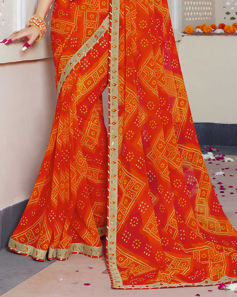 Vishal Prints Dark Orange Bandhani Print Georgette Saree