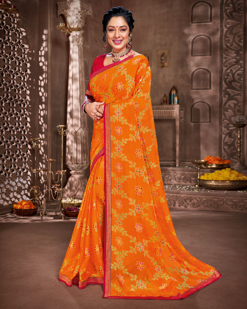 Vishal Prints Orange Brasso Saree With Foil Print And Jari Piping