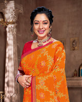 Vishal Prints Orange Brasso Saree With Foil Print And Jari Piping