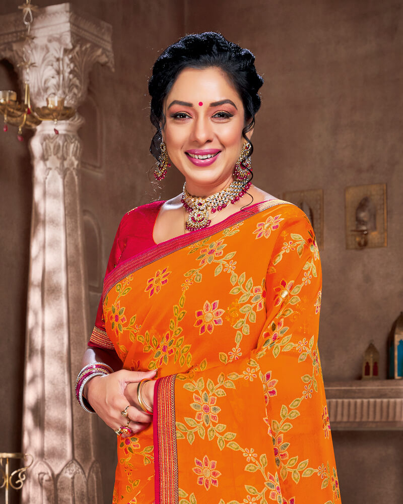 Vishal Prints Orange Brasso Saree With Foil Print And Jari Piping