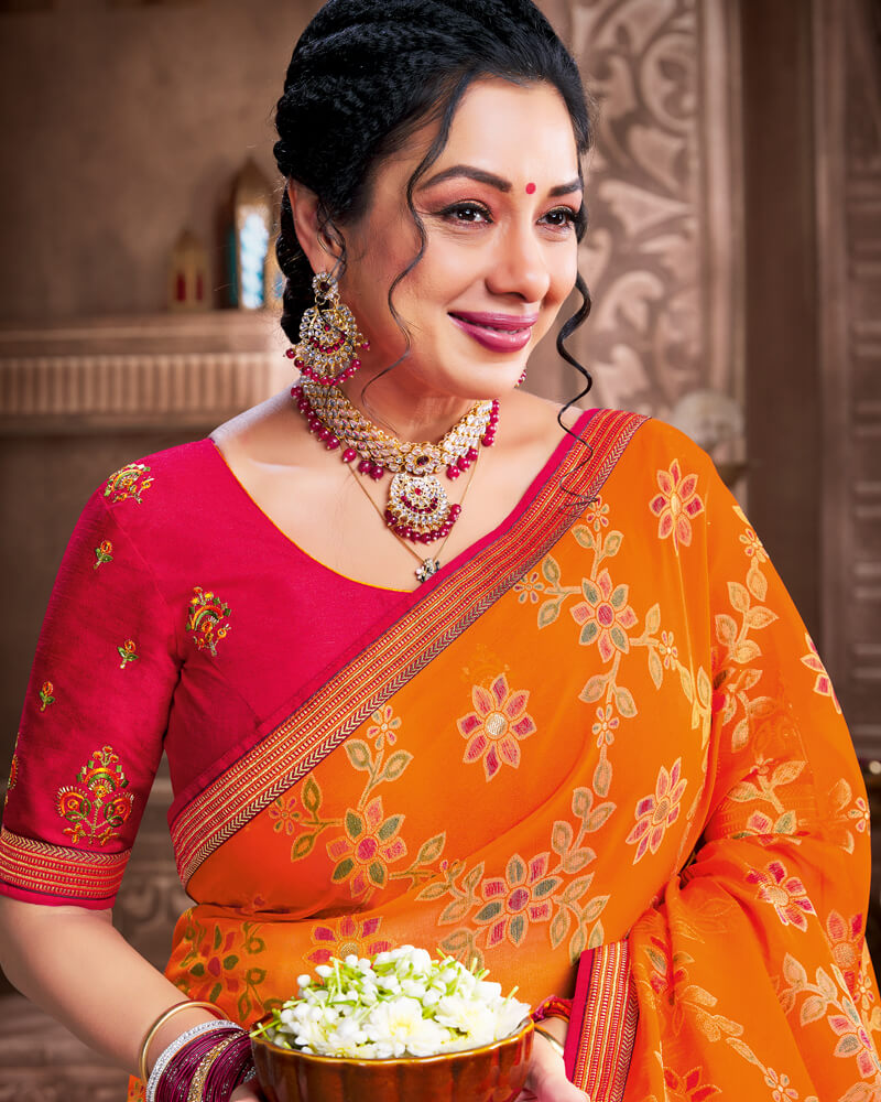 Vishal Prints Orange Brasso Saree With Foil Print And Jari Piping