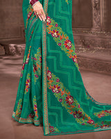 Vishal Prints Teal Green Brasso Saree With Foil Print And Jari Piping
