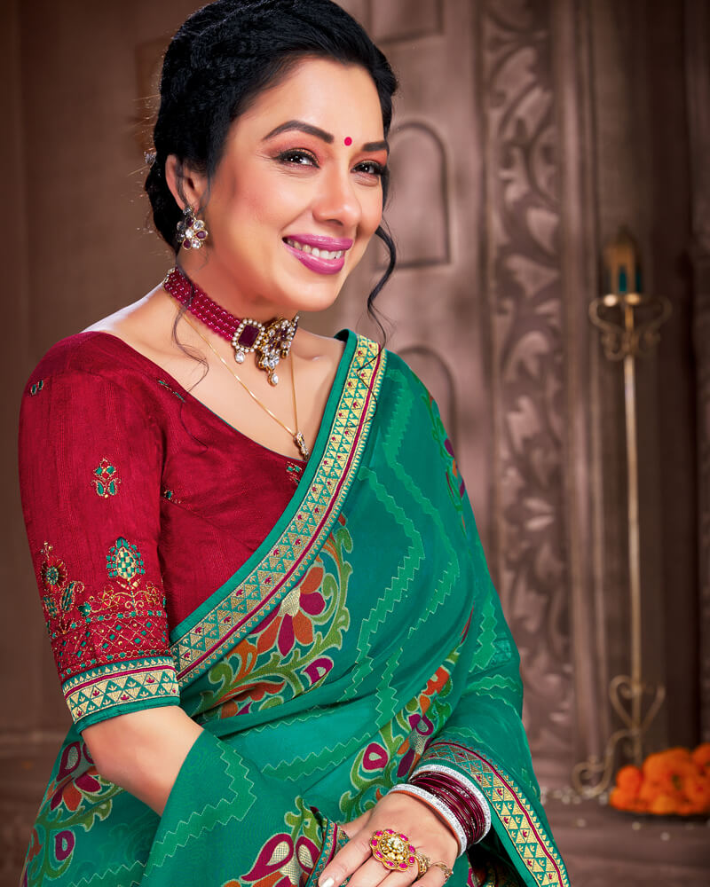 Vishal Prints Teal Green Brasso Saree With Foil Print And Jari Piping