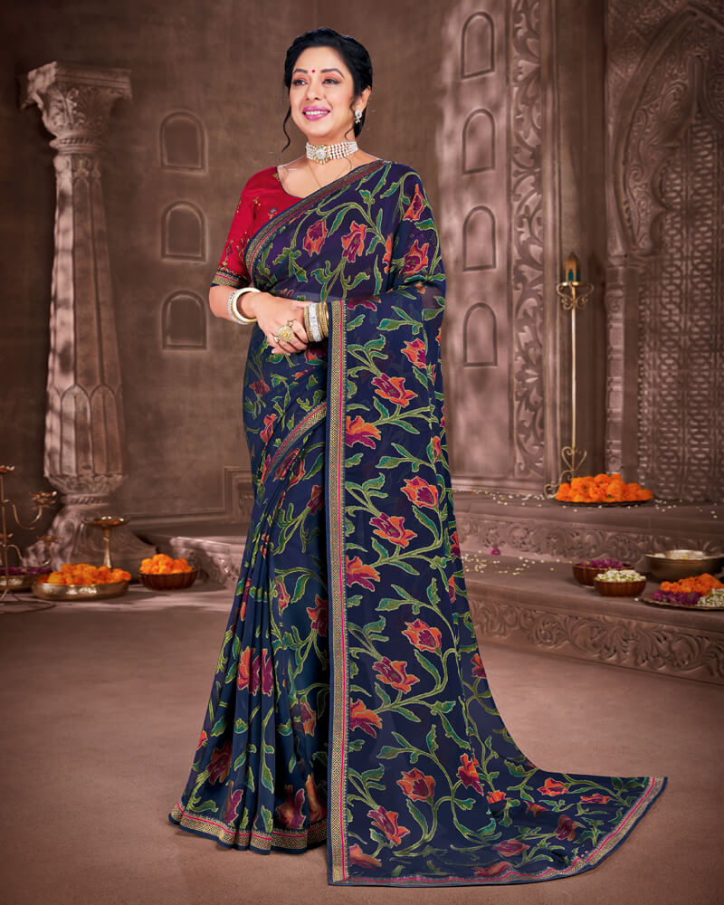 Vishal Prints Navy Blue Brasso Saree With Foil Print And Jari Piping