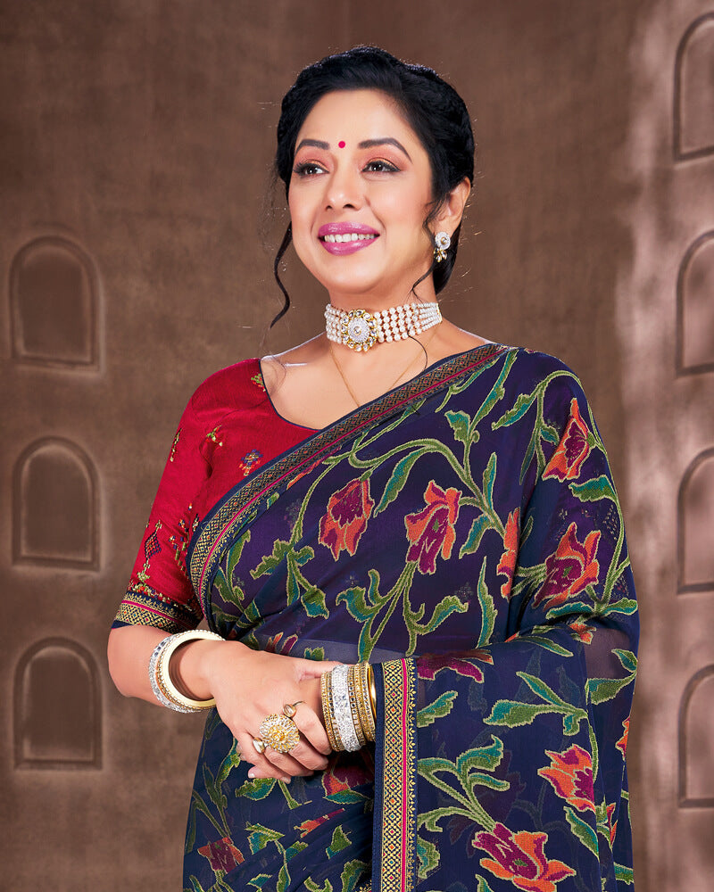 Vishal Prints Navy Blue Brasso Saree With Foil Print And Jari Piping