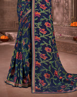 Vishal Prints Navy Blue Brasso Saree With Foil Print And Jari Piping