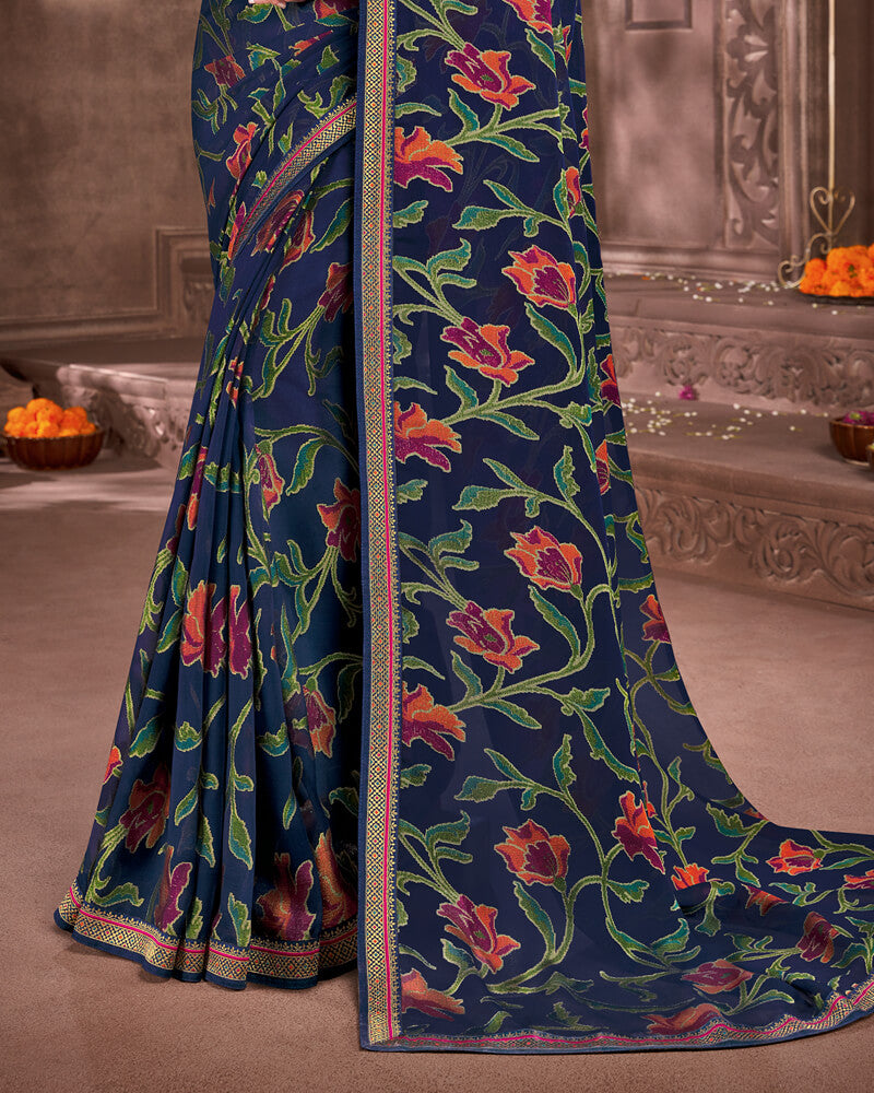 Vishal Prints Navy Blue Brasso Saree With Foil Print And Jari Piping