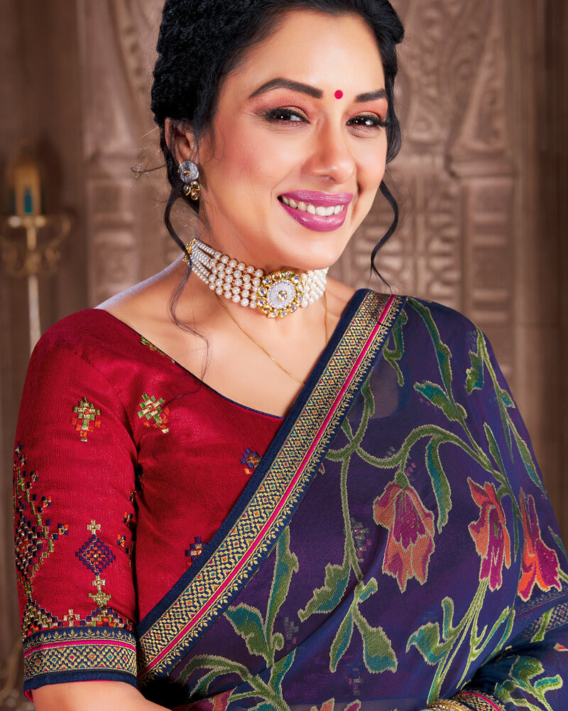 Vishal Prints Navy Blue Brasso Saree With Foil Print And Jari Piping