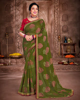 Vishal Prints Dark Olive Green Brasso Saree With Foil Print And Jari Piping