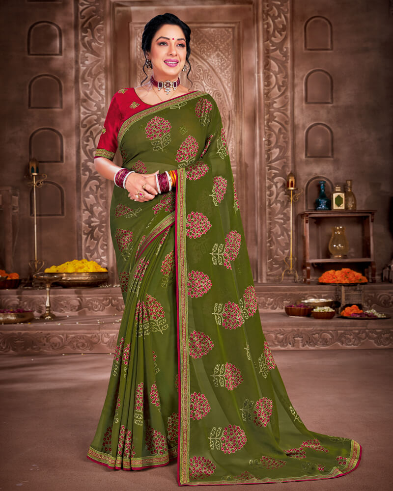 Vishal Prints Dark Olive Green Brasso Saree With Foil Print And Jari Piping