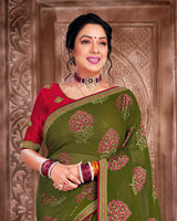 Vishal Prints Dark Olive Green Brasso Saree With Foil Print And Jari Piping