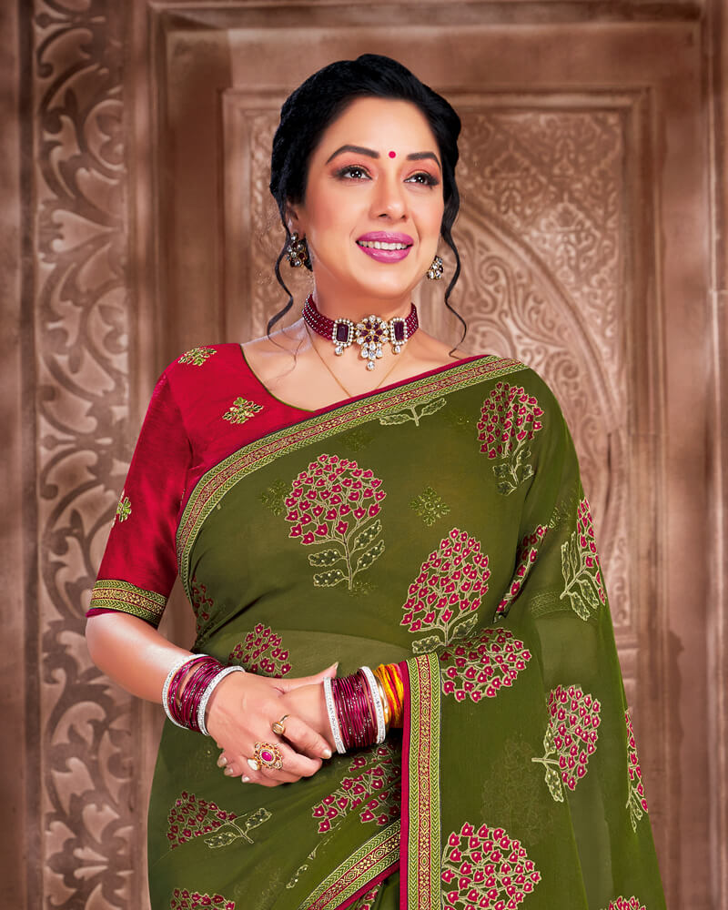 Vishal Prints Dark Olive Green Brasso Saree With Foil Print And Jari Piping