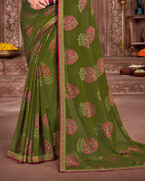Vishal Prints Dark Olive Green Brasso Saree With Foil Print And Jari Piping