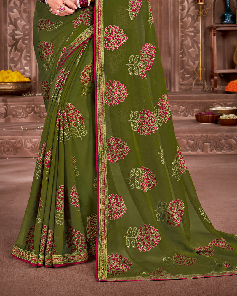 Vishal Prints Dark Olive Green Brasso Saree With Foil Print And Jari Piping