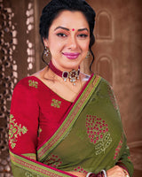 Vishal Prints Dark Olive Green Brasso Saree With Foil Print And Jari Piping