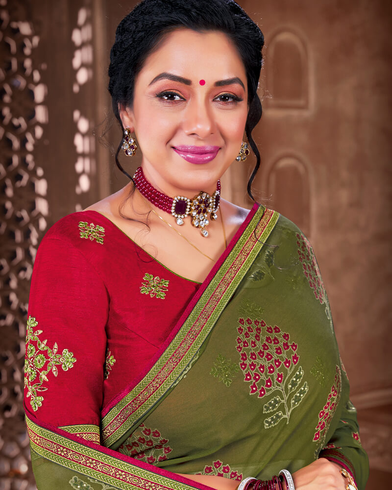Vishal Prints Dark Olive Green Brasso Saree With Foil Print And Jari Piping