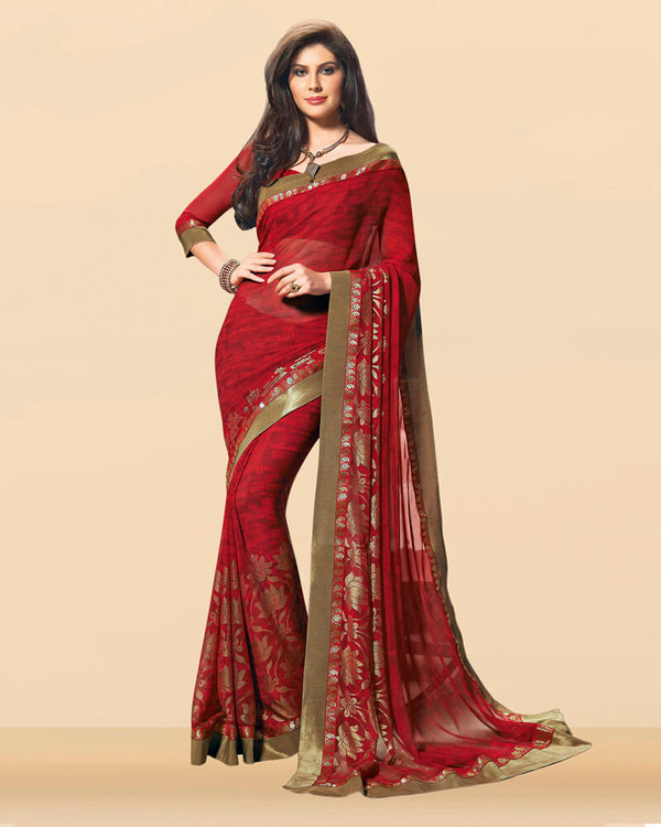 Vishal Prints Dark Red Georgette Saree With Foil Print And Jari Border