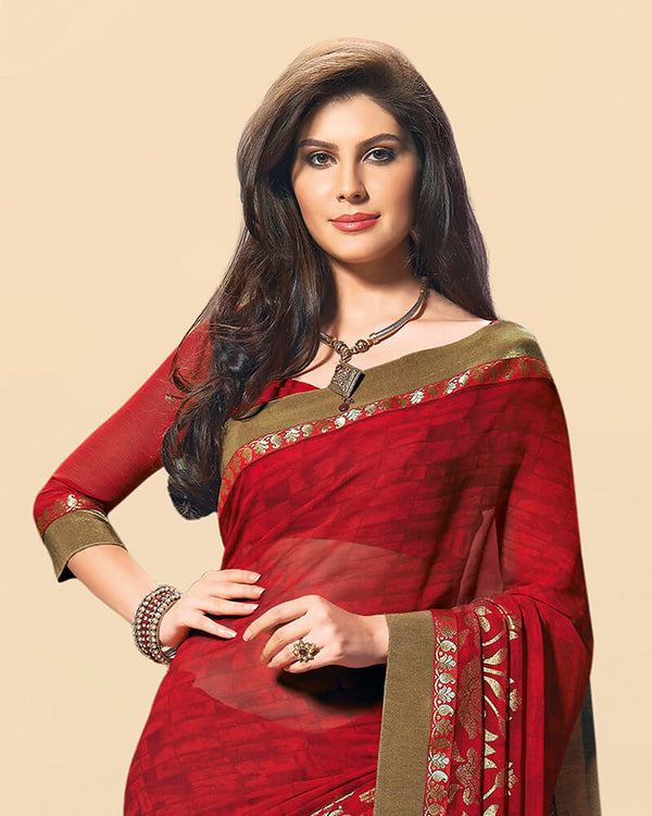 Vishal Prints Dark Red Georgette Saree With Foil Print And Jari Border