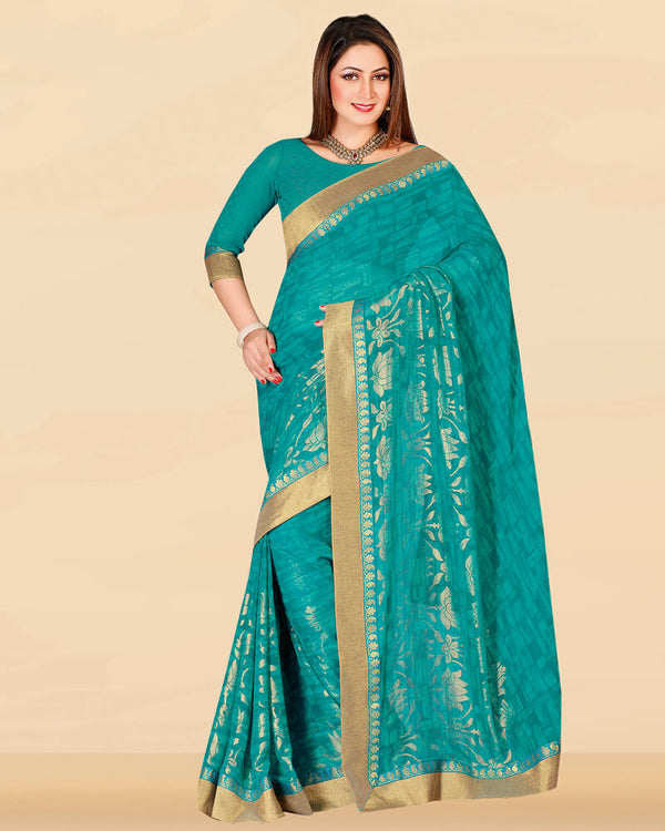 Vishal Prints Dark Turquoise Blue Georgette Saree With Foil Print And Jari Border