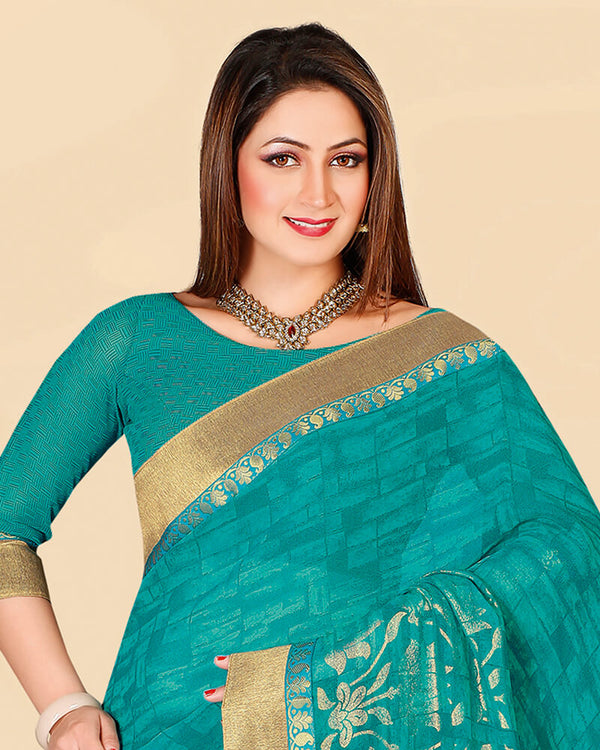 Vishal Prints Dark Turquoise Blue Georgette Saree With Foil Print And Jari Border