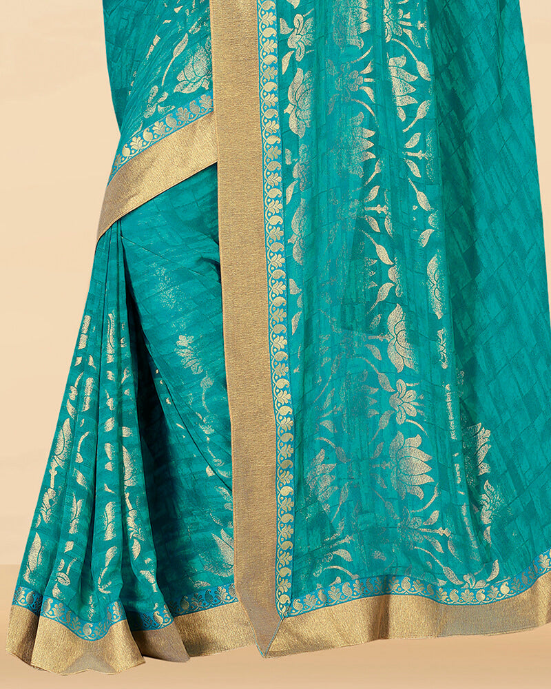 Vishal Prints Dark Turquoise Blue Georgette Saree With Foil Print And Jari Border