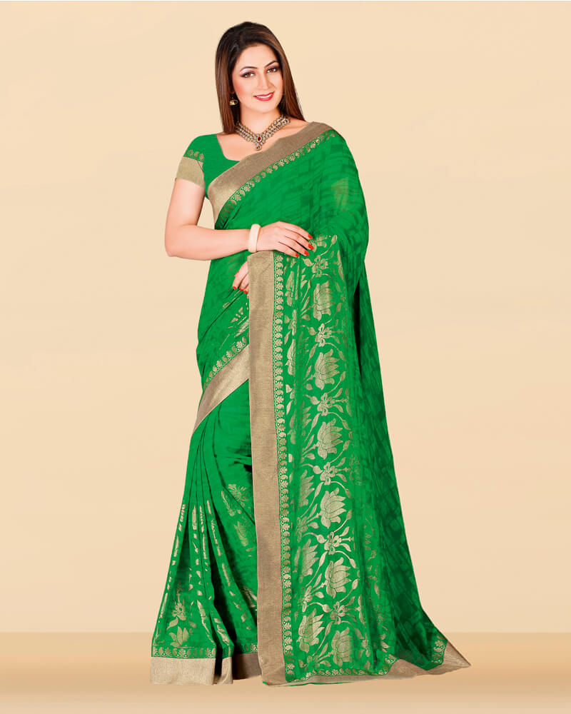 Vishal Prints Parrot Green Georgette Saree With Foil Print And Jari Border