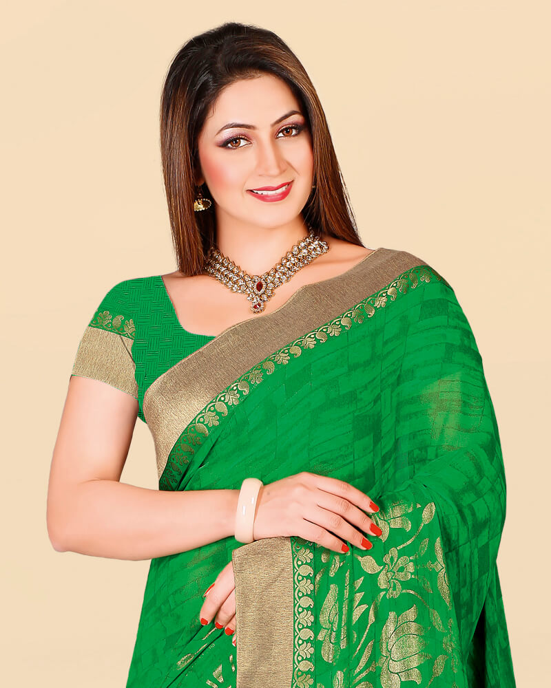 Vishal Prints Parrot Green Georgette Saree With Foil Print And Jari Border