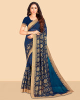 Vishal Prints Dark Blue Satin Saree With Foil Print And Jari Border