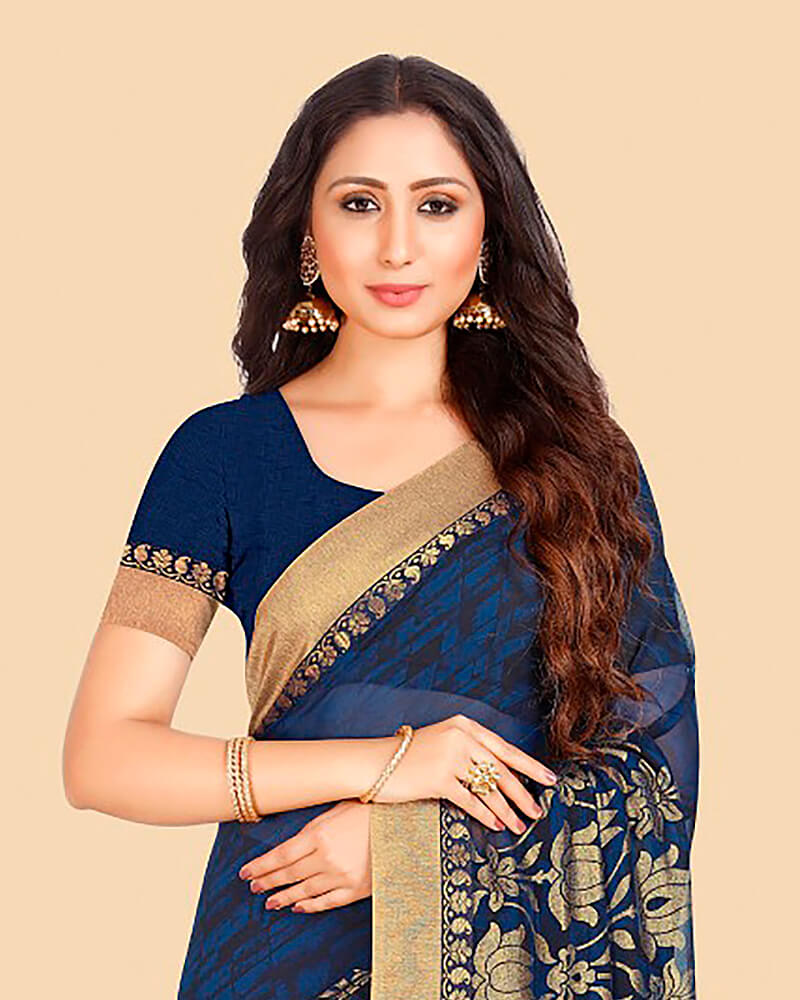 Vishal Prints Dark Blue Satin Saree With Foil Print And Jari Border