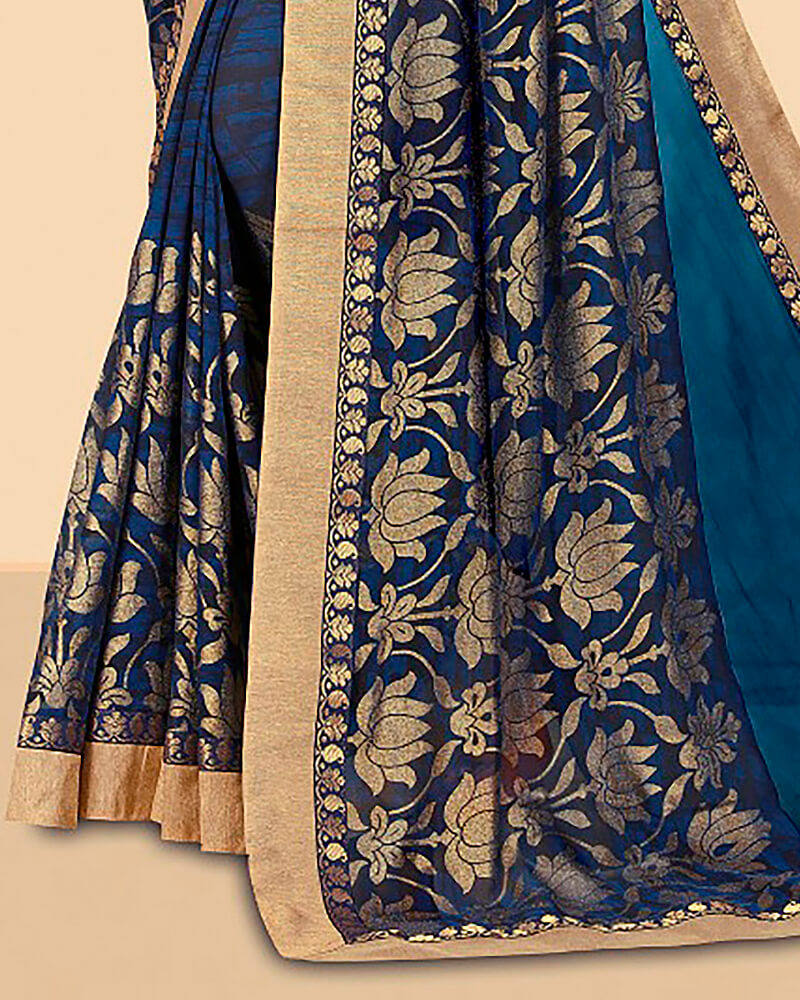 Vishal Prints Dark Blue Satin Saree With Foil Print And Jari Border