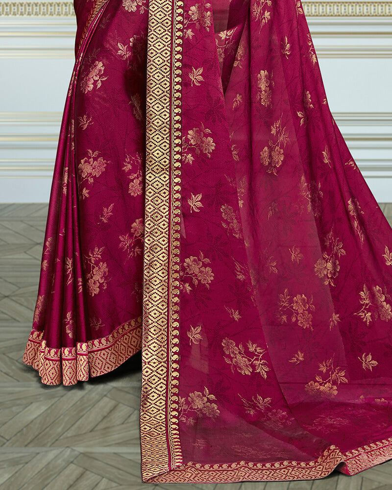 Vishal Prints Wine Chiffon Saree With Foil Print And Jari Border