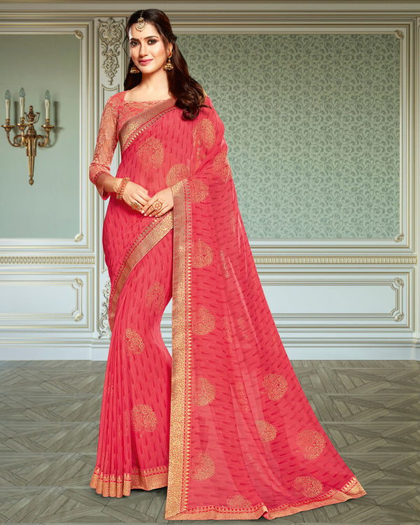 Vishal Prints Pink Georgette Saree With Foil Print And Jari Border