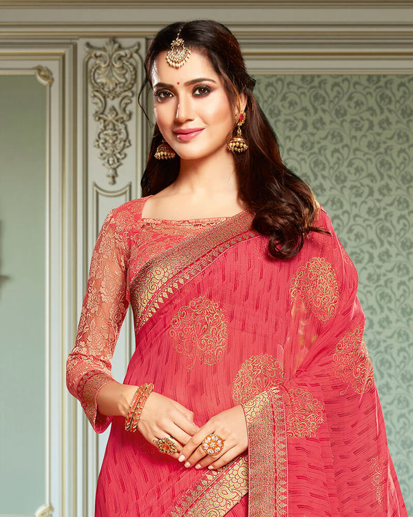 Vishal Prints Pink Georgette Saree With Foil Print And Jari Border
