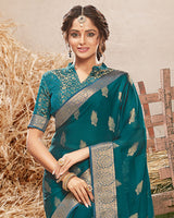 Vishal Prints Peacock Blue Chiffon Saree With Foil Print And Jari Border