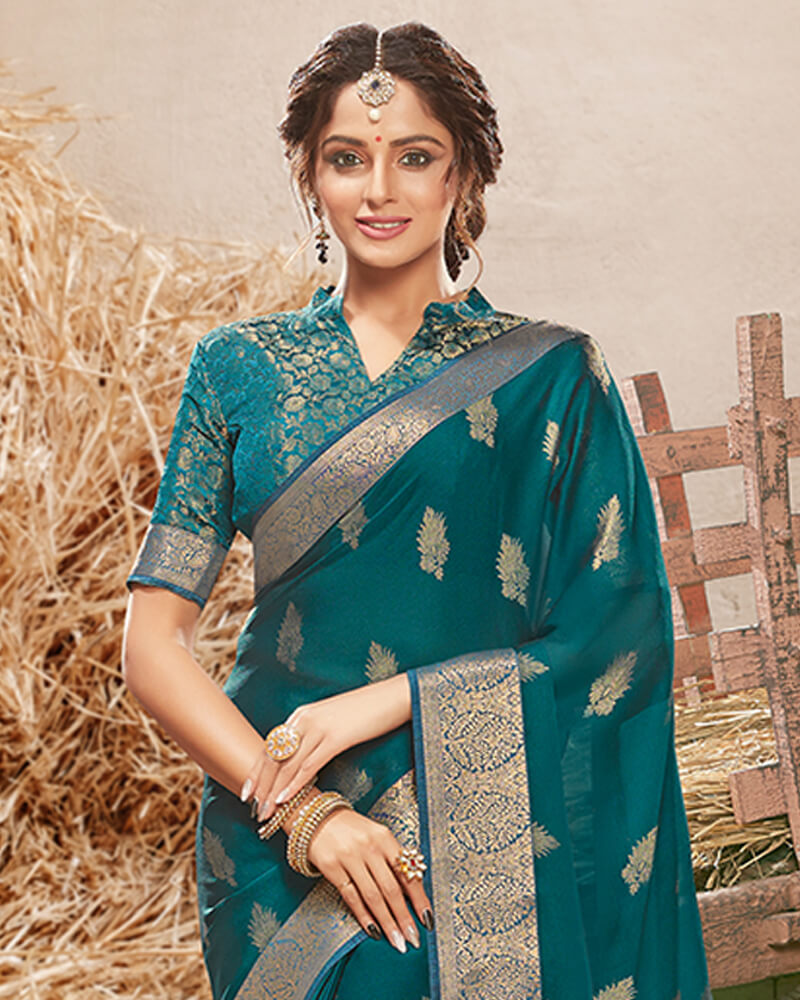 Vishal Prints Peacock Blue Chiffon Saree With Foil Print And Jari Border