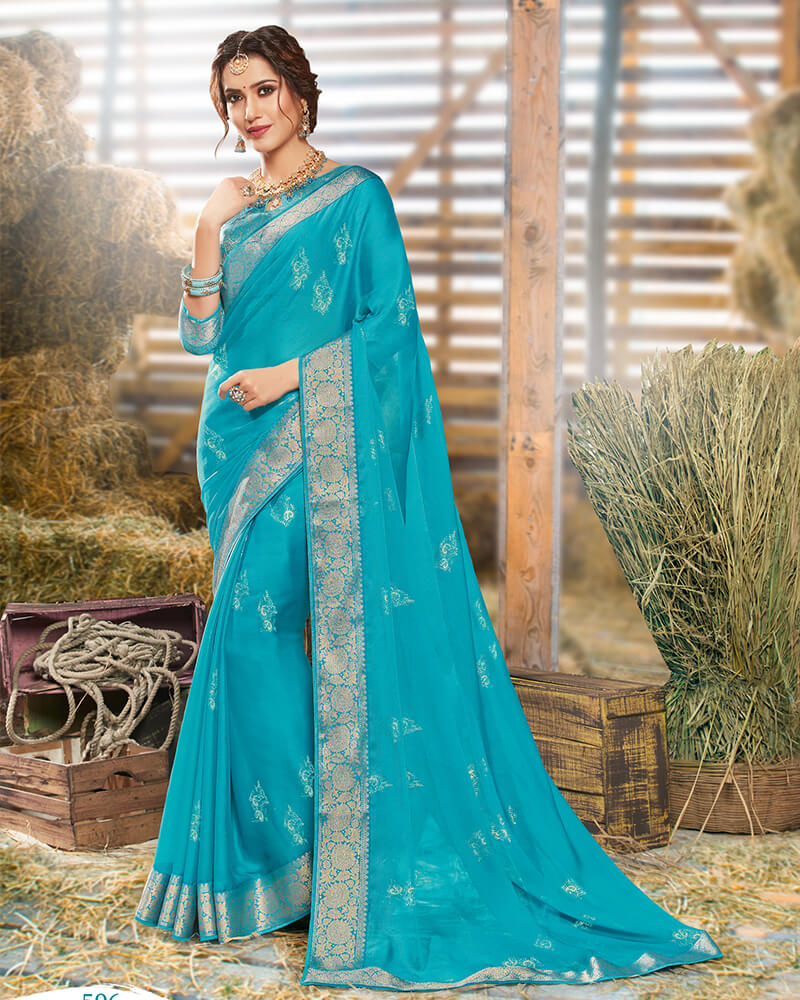 Vishal Prints Turq Blue Chiffon Saree With Foil Print And Jari Border