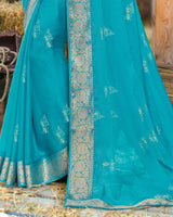 Vishal Prints Turq Blue Chiffon Saree With Foil Print And Jari Border