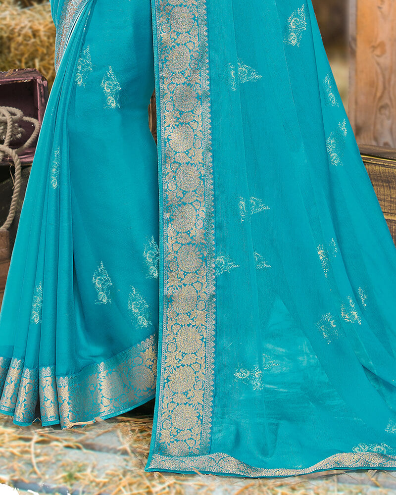 Vishal Prints Turq Blue Chiffon Saree With Foil Print And Jari Border