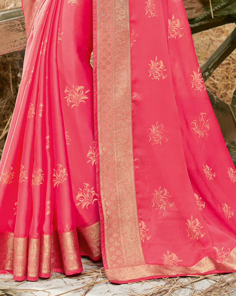 Vishal Prints Cherry Red Chiffon Saree With Foil Print And Jari Border