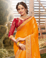 Vishal Prints Orange And Red Chiffon Saree With Foil Print And Jari Border