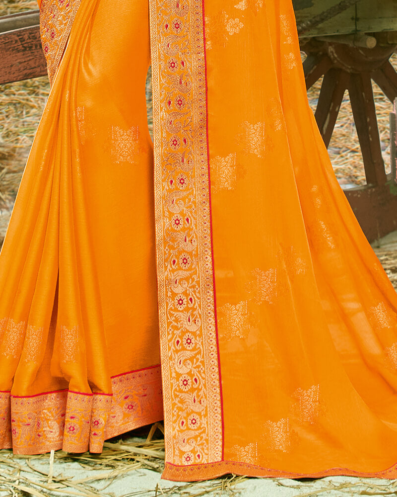 Vishal Prints Orange And Red Chiffon Saree With Foil Print And Jari Border