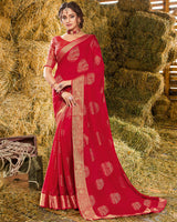 Vishal Prints Red Chiffon Saree With Foil Print And Jari Border